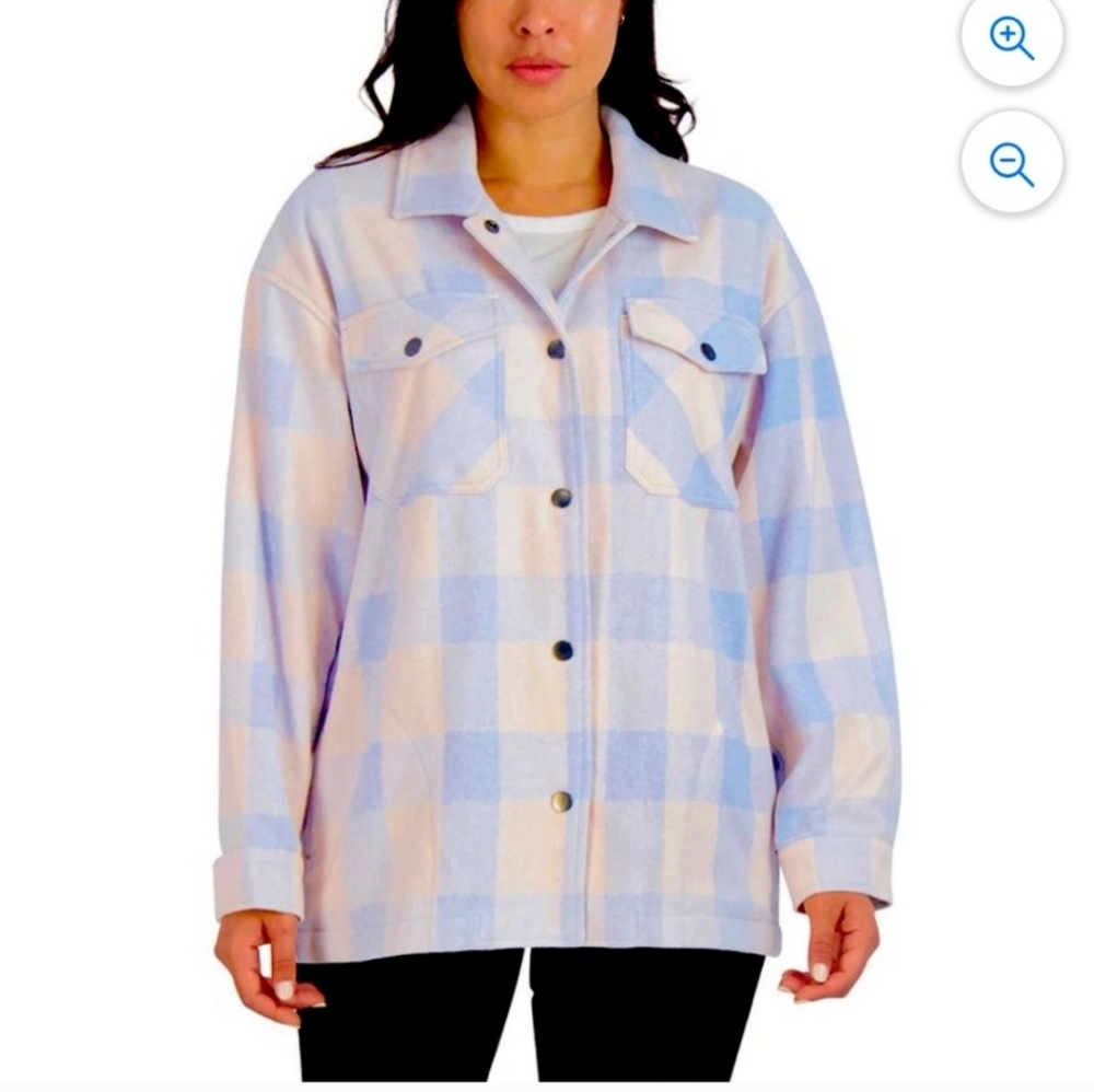 HFX Unisex Blue White Plaid Button-Up Pocket‎ Shacket Thick Shirt Size Medium